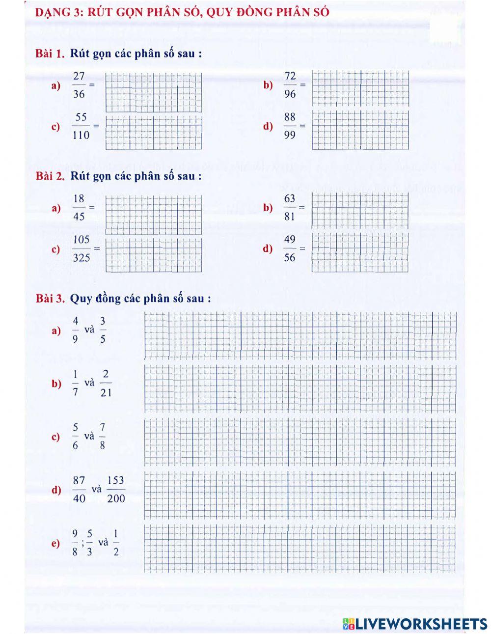 Toán 4 lên 5 - Dạng 3: Rút gọn phân số, quy đồng phân số