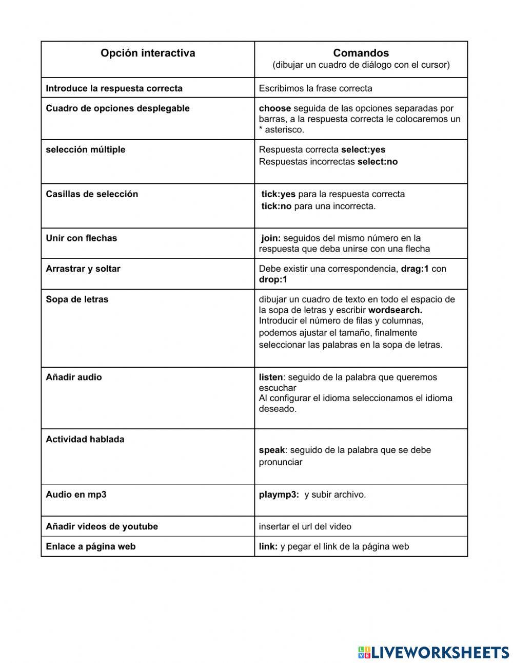 Comandos de liveworksheet