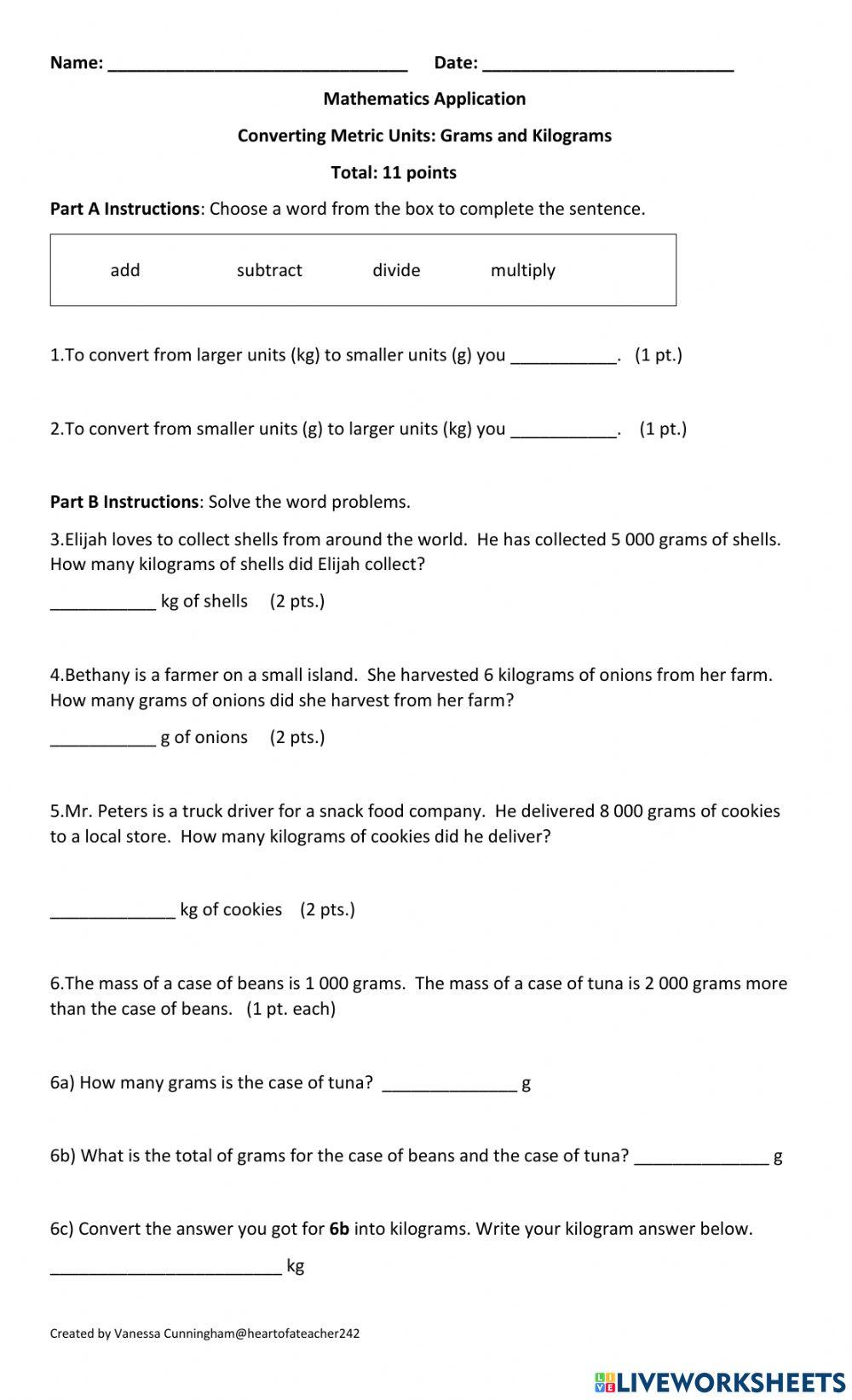 Converting Metric Units Grams and Kilograms 2042031