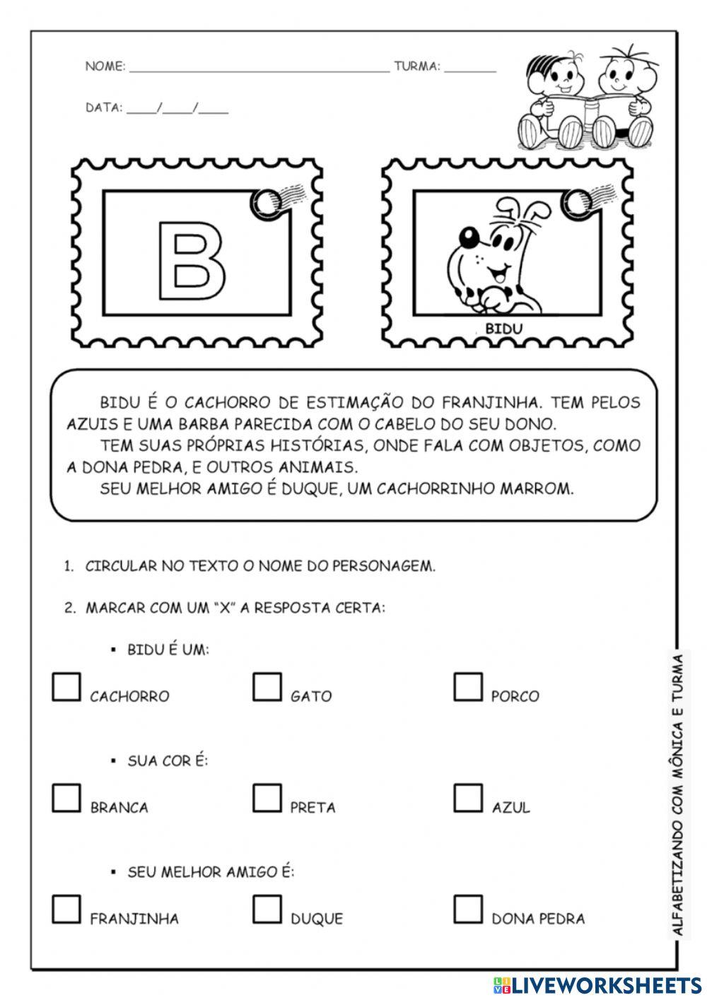 Interpretação de texto TURMA DA MONICA
