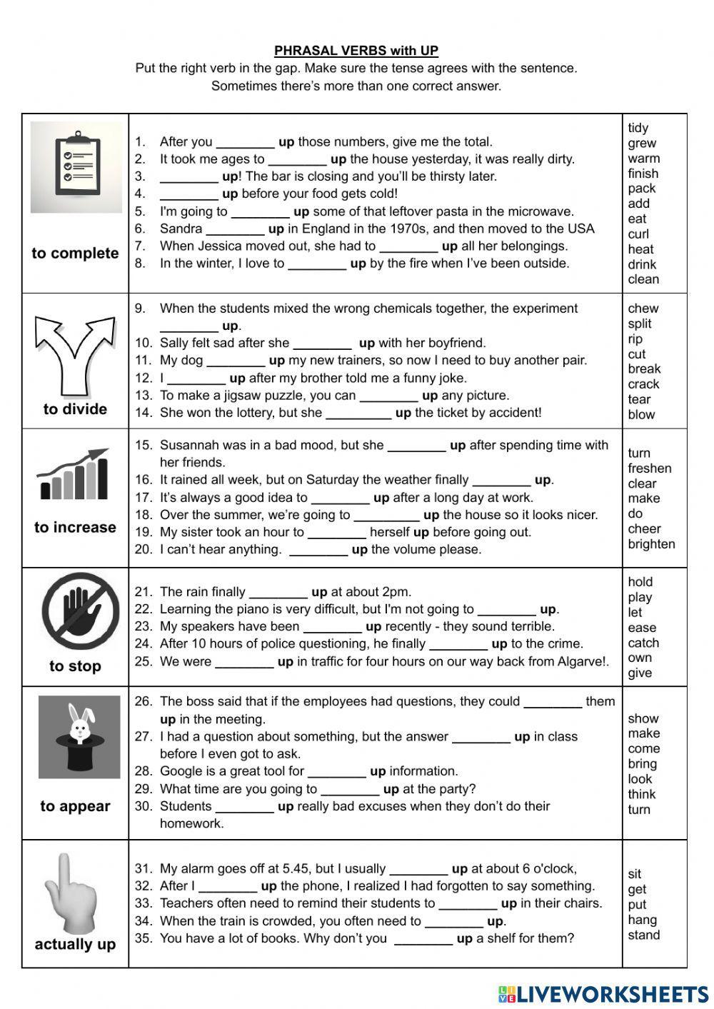 Phrasal Verbs with UP: gap fill in groups