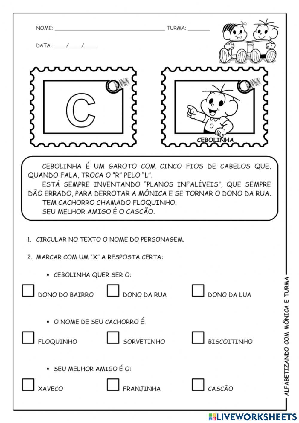 Interpretação de texto TURMA DA MONICA