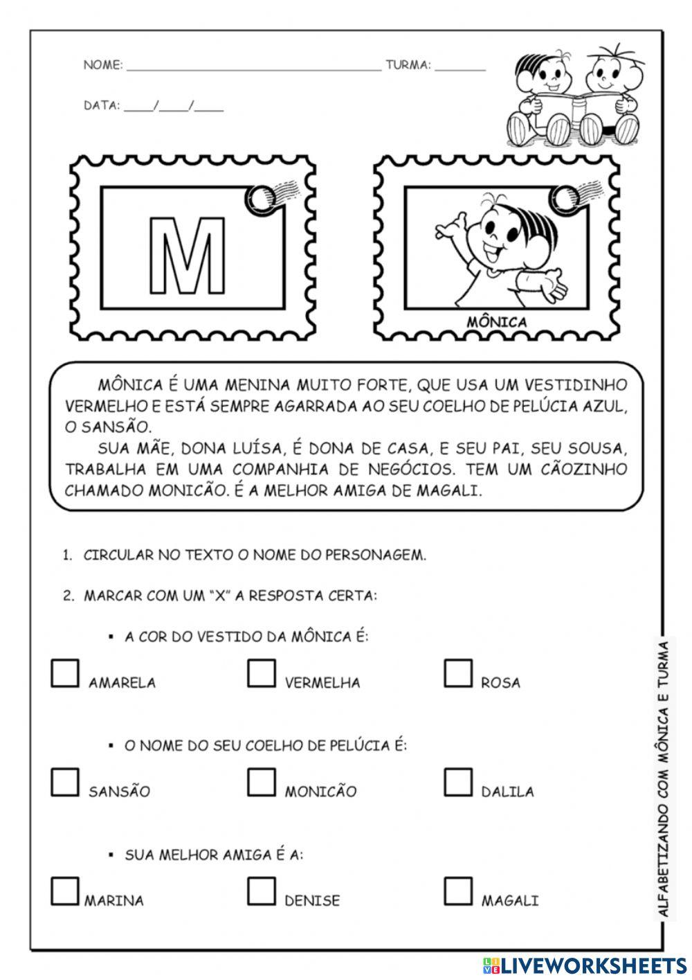 Interpretação de texto TURMA DA MONICA