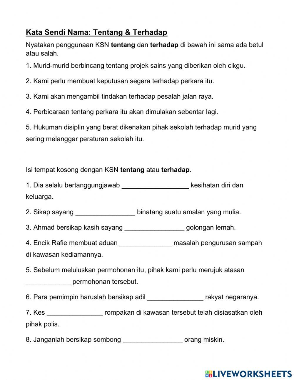 Praktis Kata Sendi Nama-tentang & terhadap