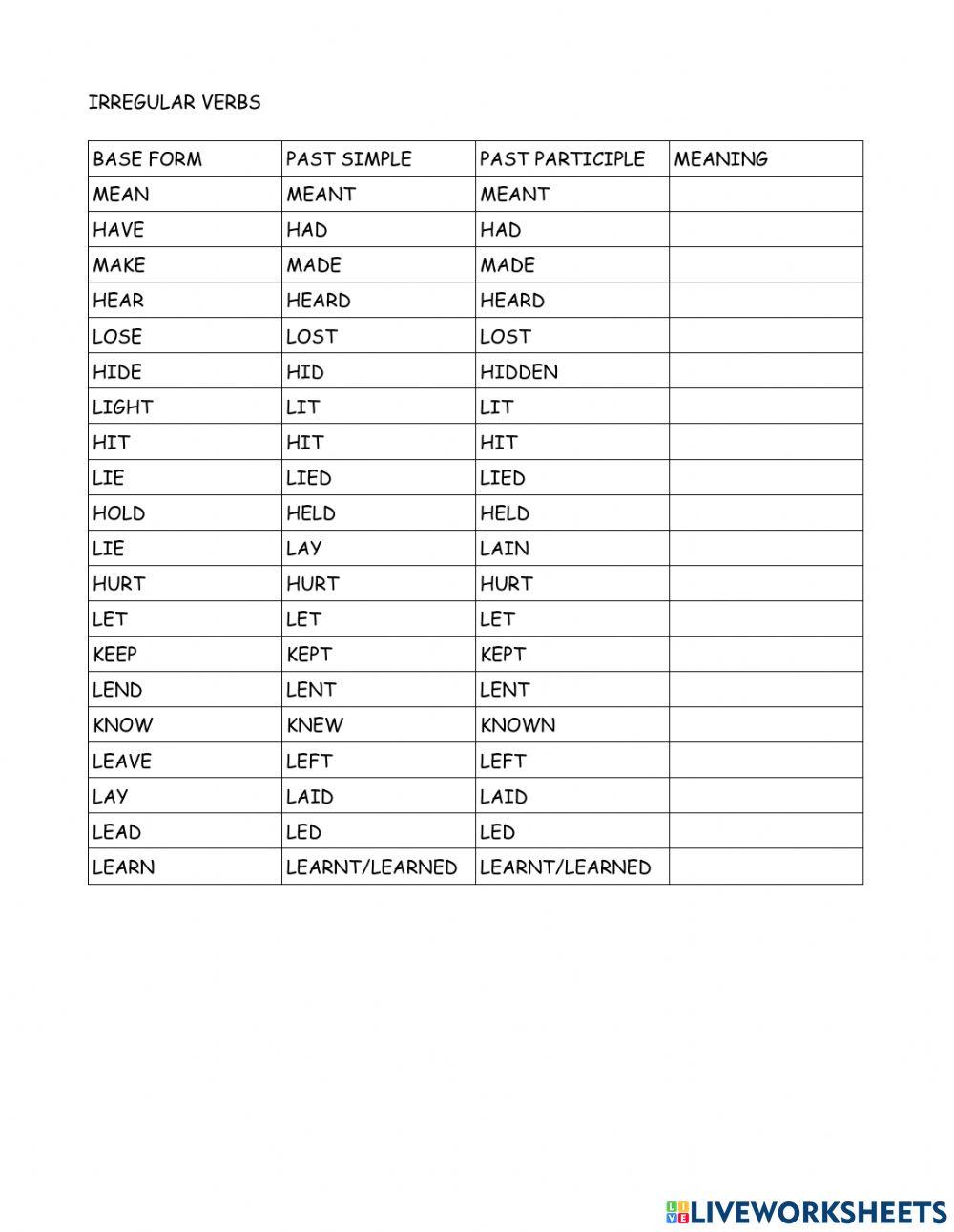 Irregular verbs write the meaning