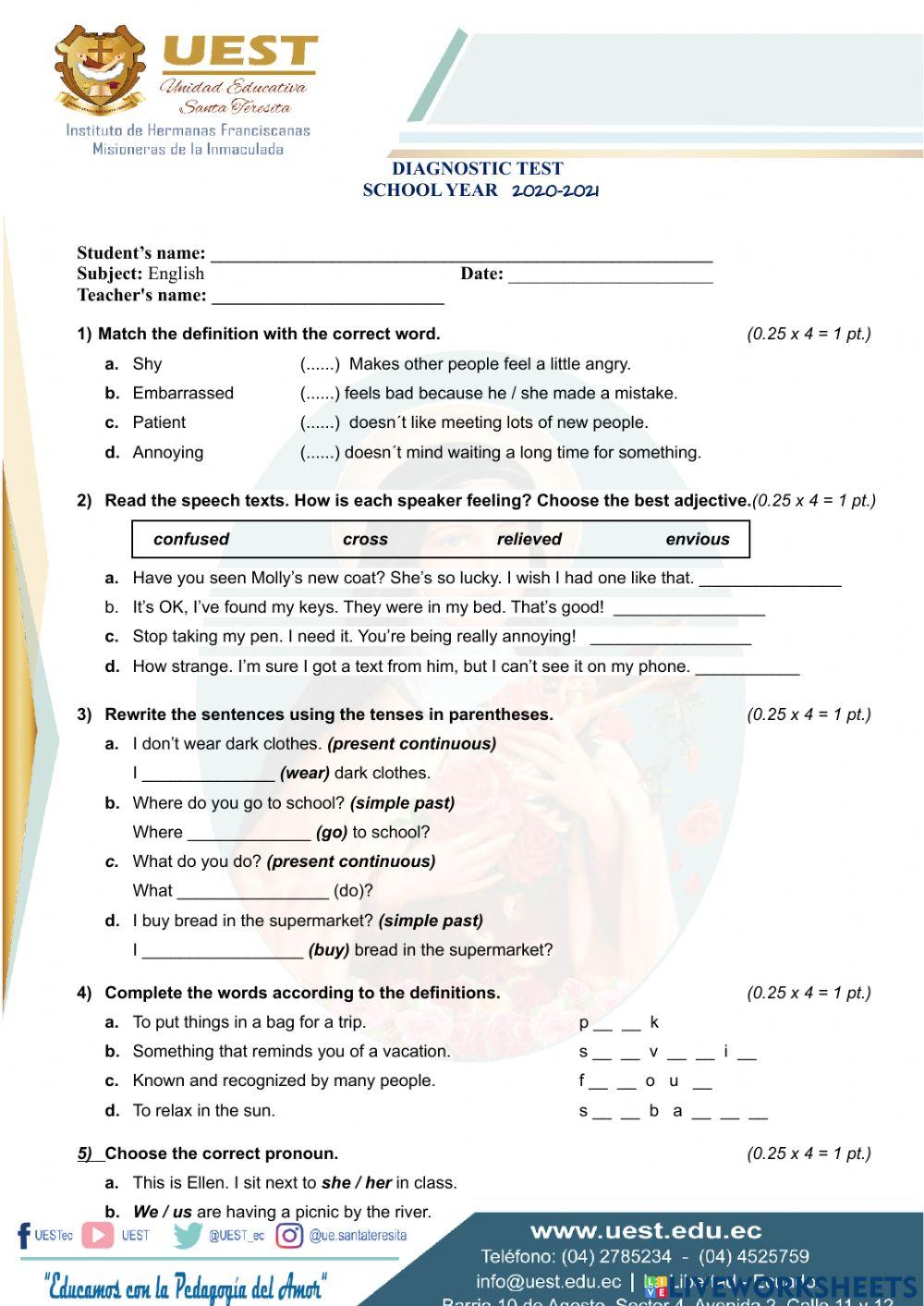 SECOND BACCALAUREATE-DIAGNOSTIC TEST - 2022