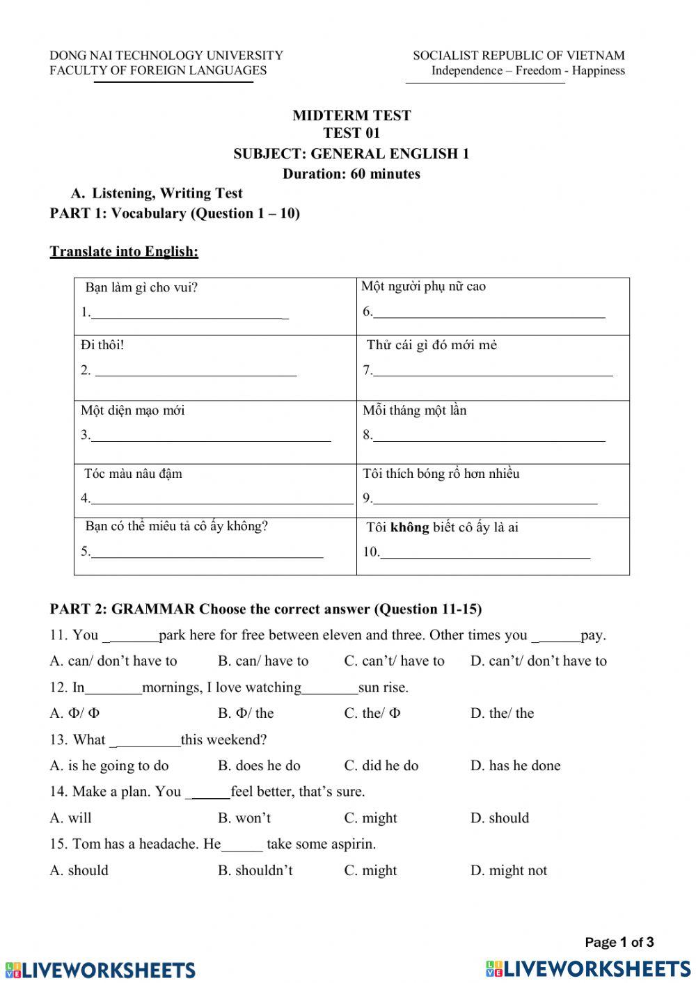 DNTU General Eng 1 Mid Test