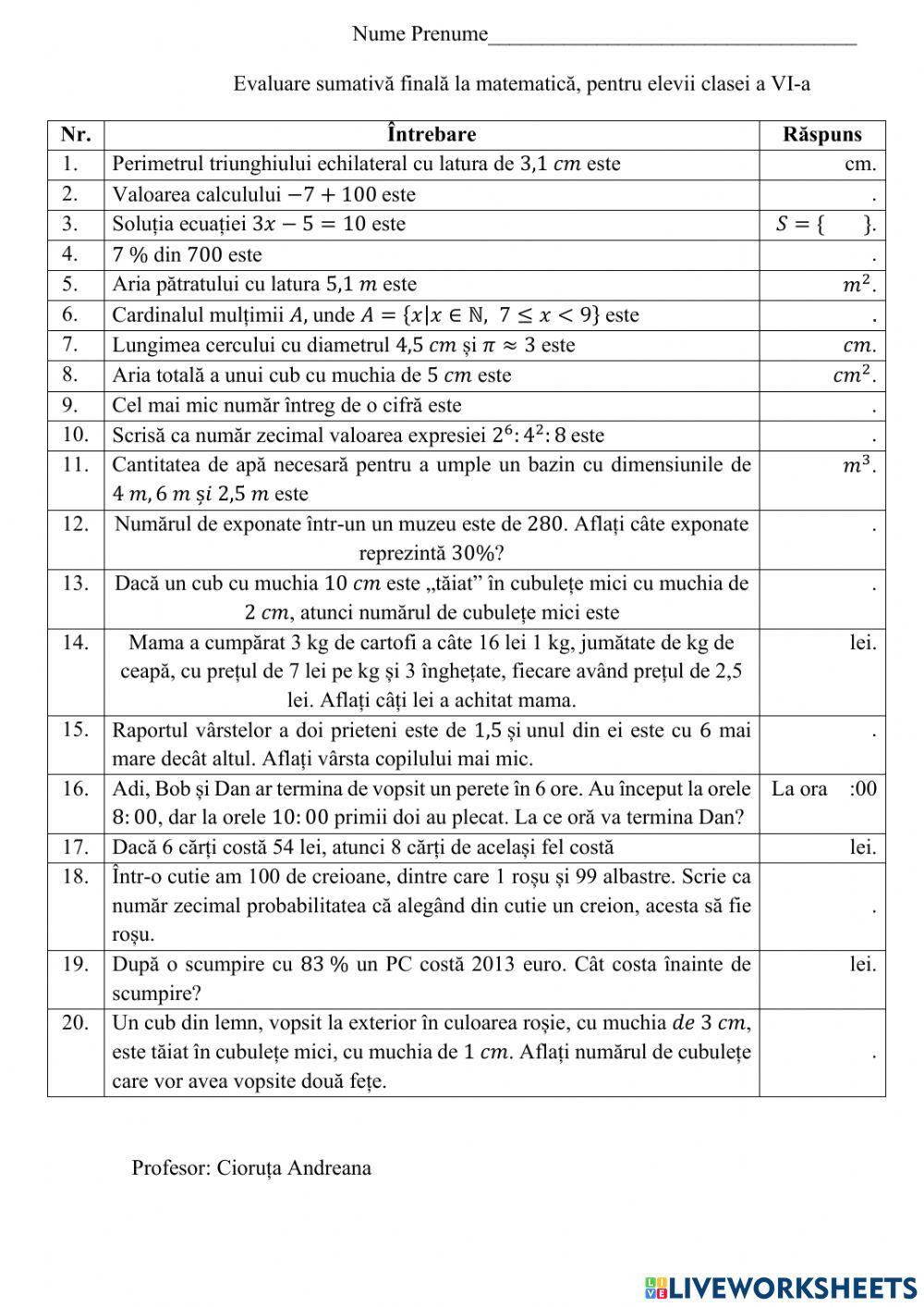 Evaluare finala clasa a 6