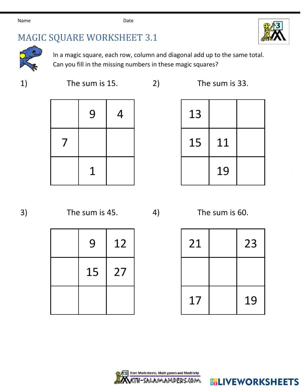 Magic square 3x3 worksheet online exercise for live worksheets