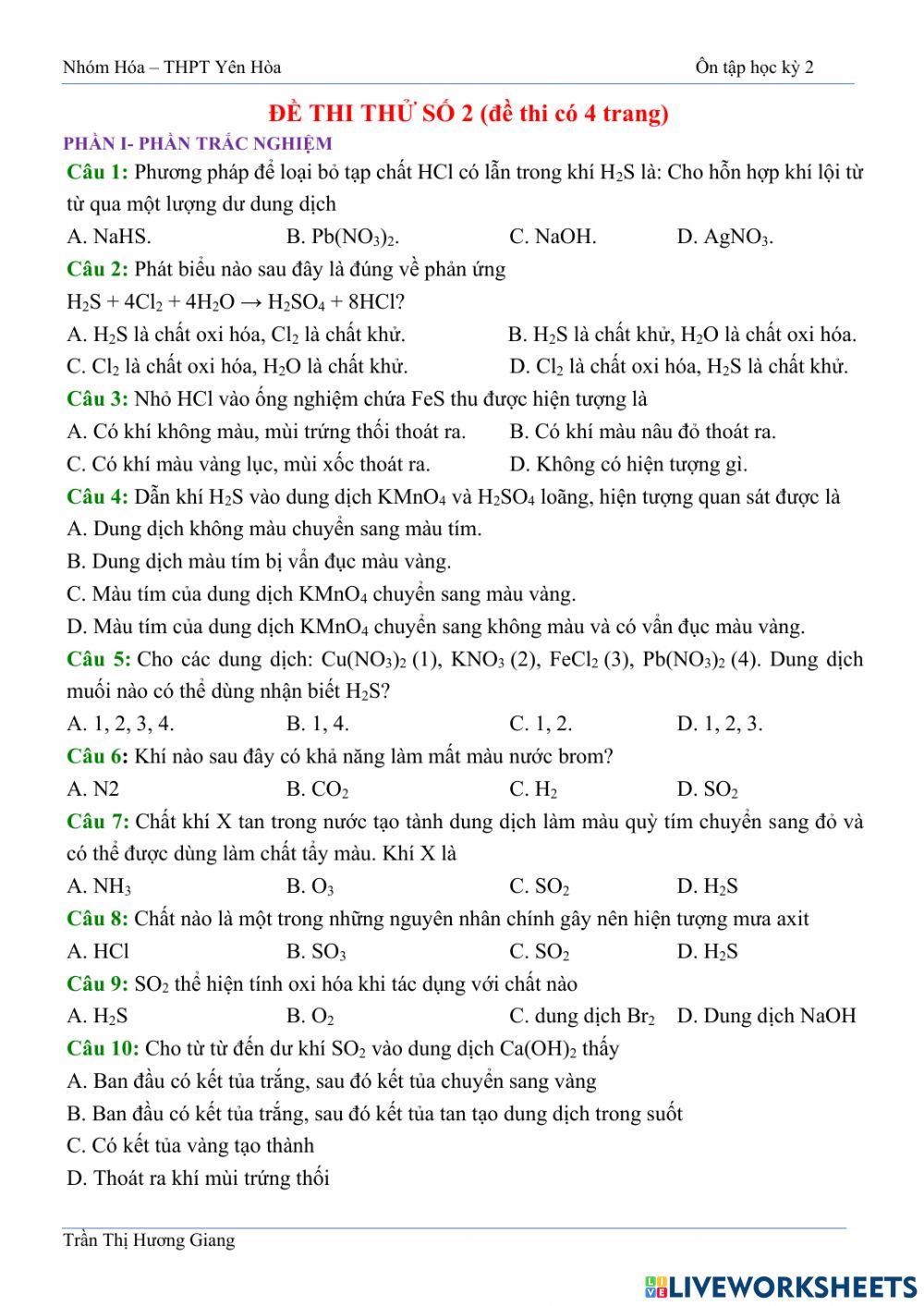 Đề kiểm tra thử số 2