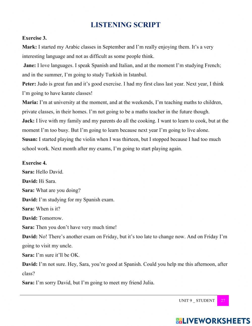 Listening scripts for ESL worksheets