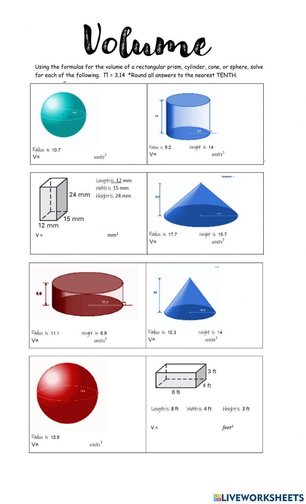 Volume - rectangular prisms, cylinders, cones, and spheres