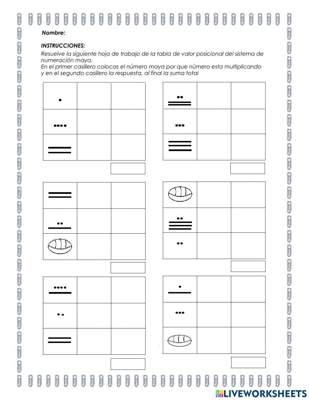 hoja de trabajo de numeros mayas
