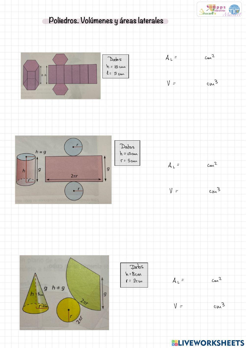 Poliedros. Volúmenes y áreas laterales