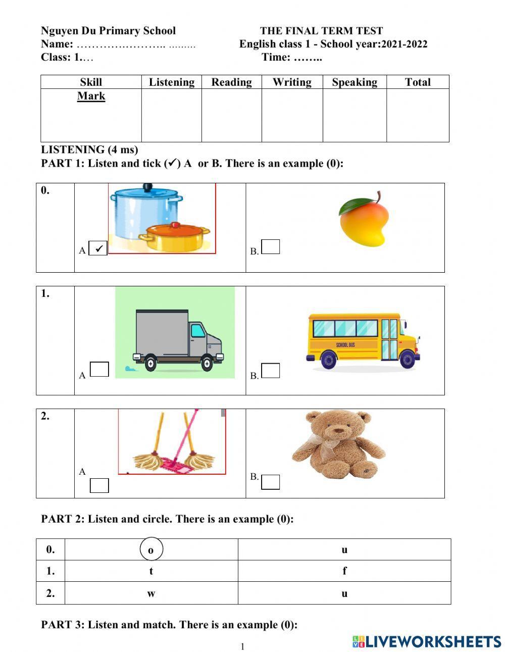 Đề thi học kì 2 lớp 1