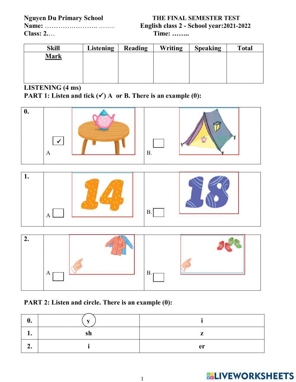 Đề thi thử học kì 2 lớp 2