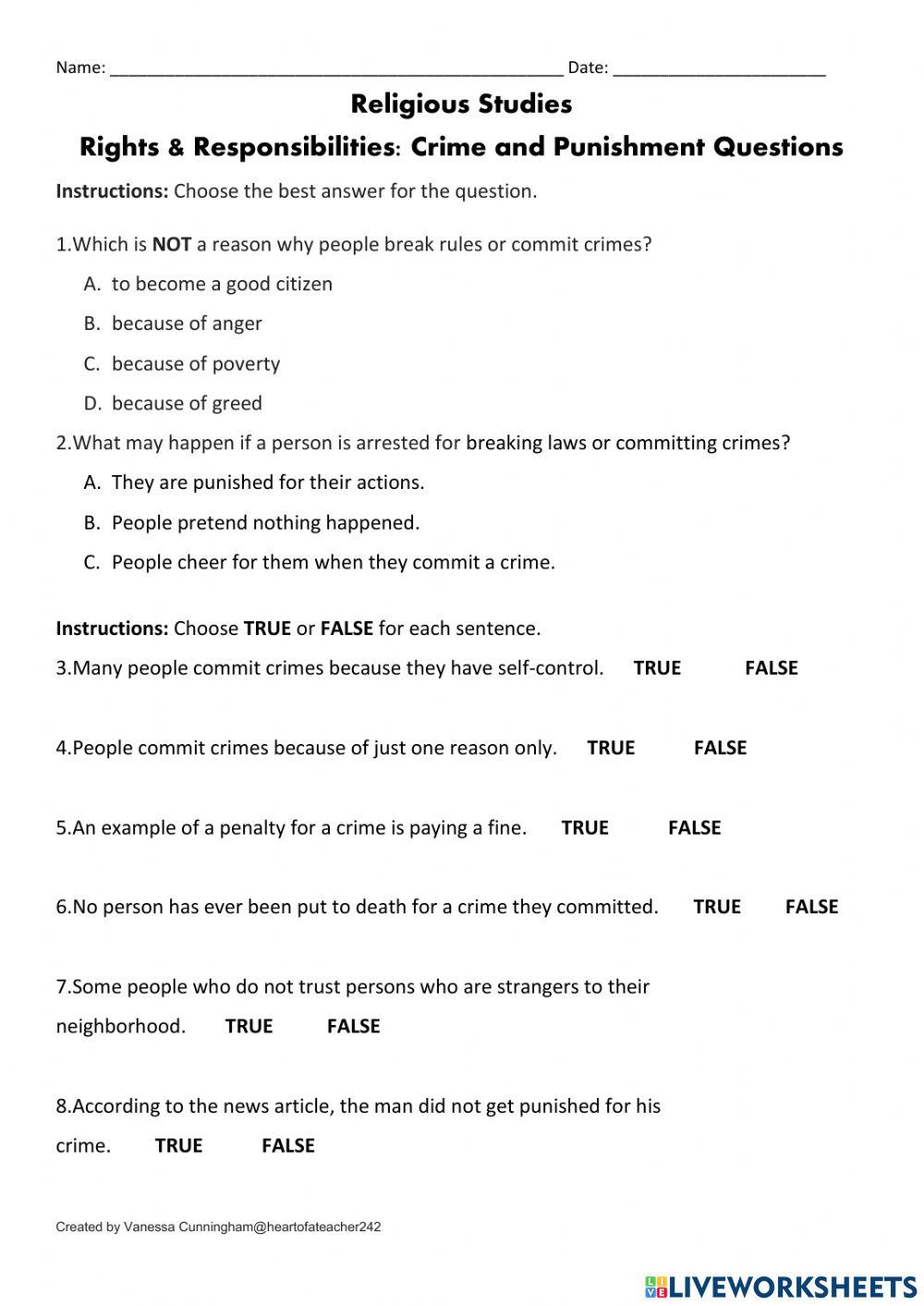Rights and Responsibilities:Crime and Punishment Worksheet with Notes