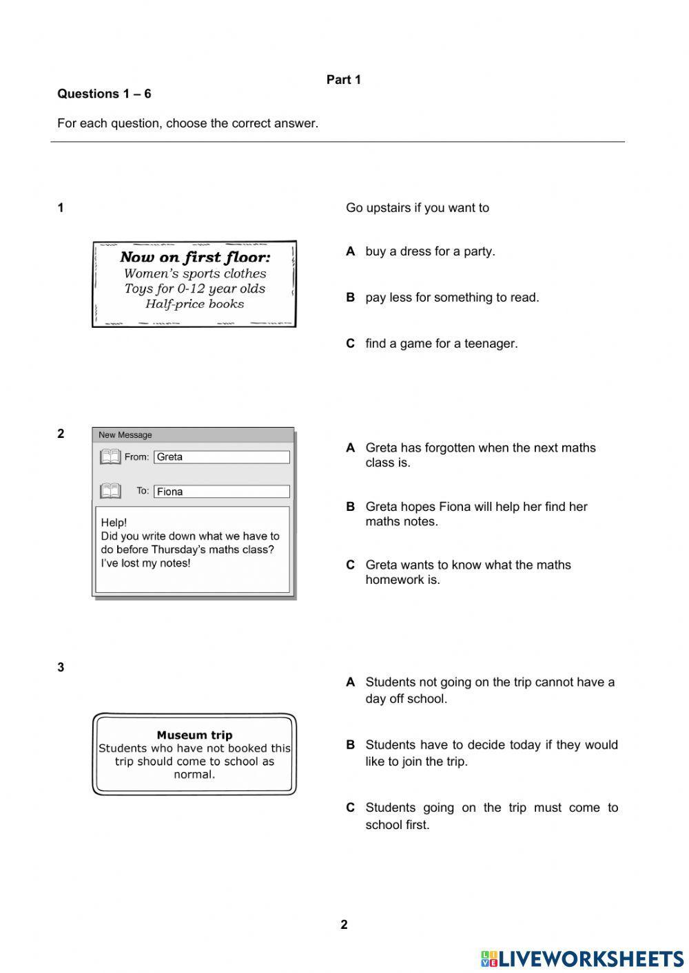 A2 2020 READING KEY FOR SCHOOLS SAMPLE TEST