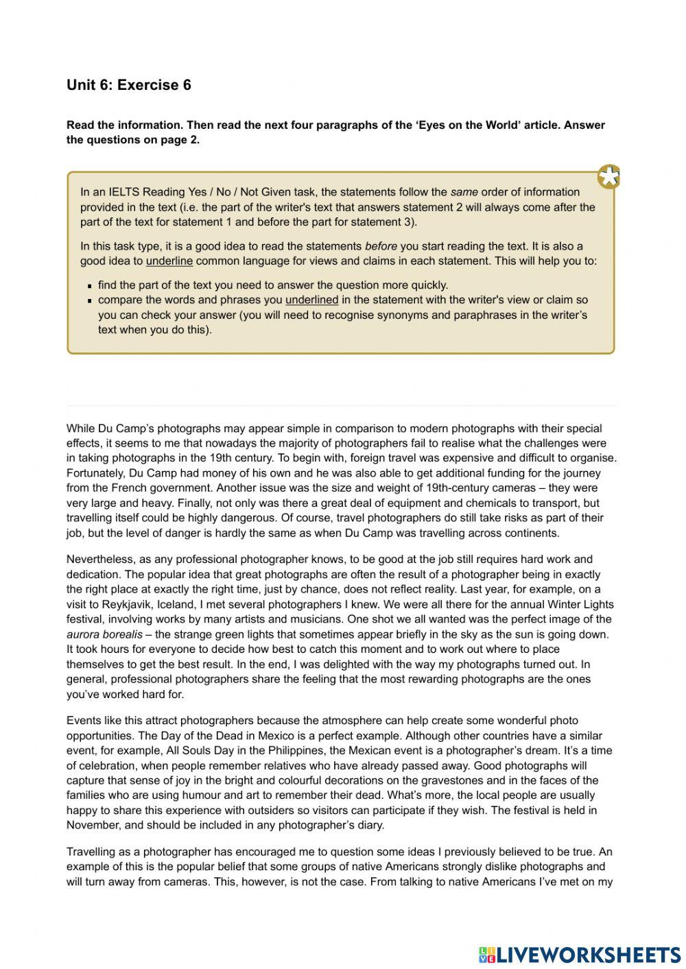 Mindset IELTS 1 - Reading Skills Modules - Unit 6 Ex6