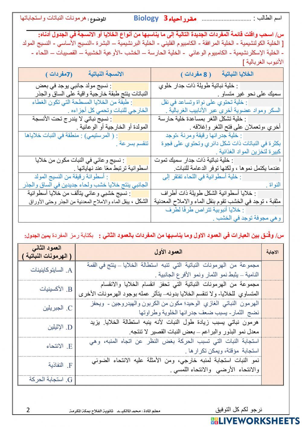 مراجعة فصل تركيب النبات ووظائف أجزاءه