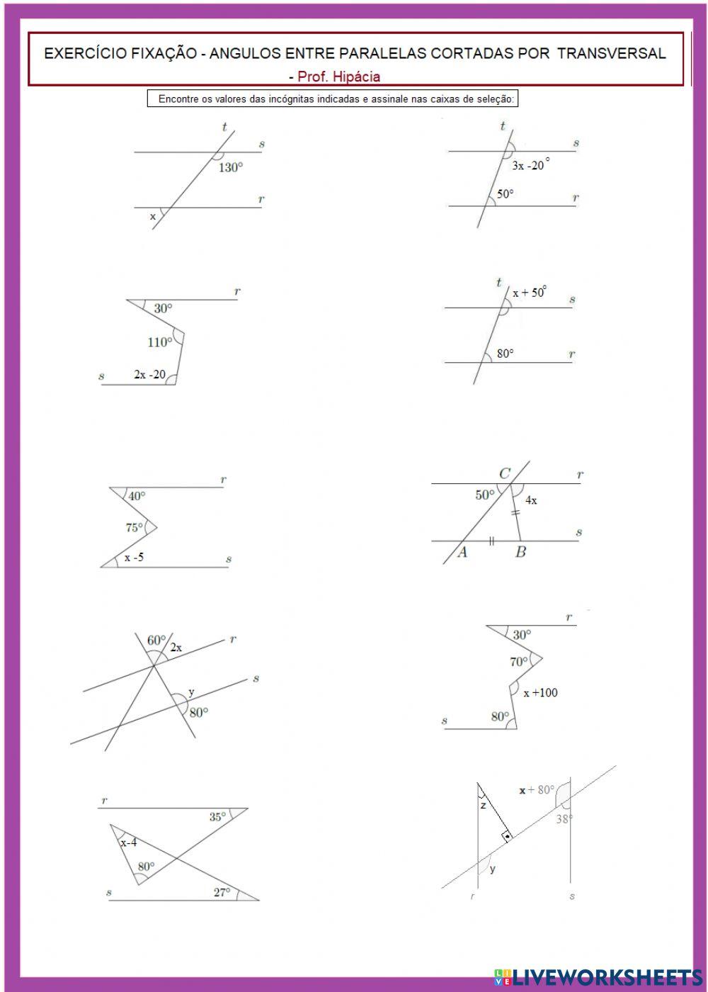 Retas paralelas cortadas por uma transversal e seus ângulos