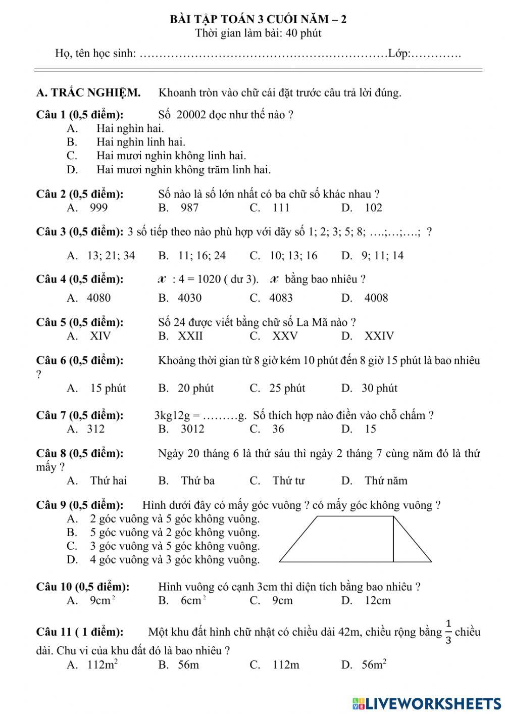 Bài tập toán 3 cuối năm – 2