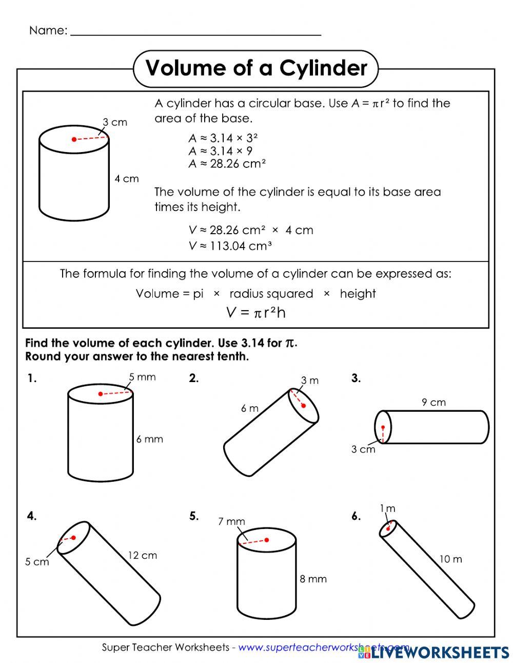 Volume of a Cylinder Worksheet 527 online exercise for Live Worksheets