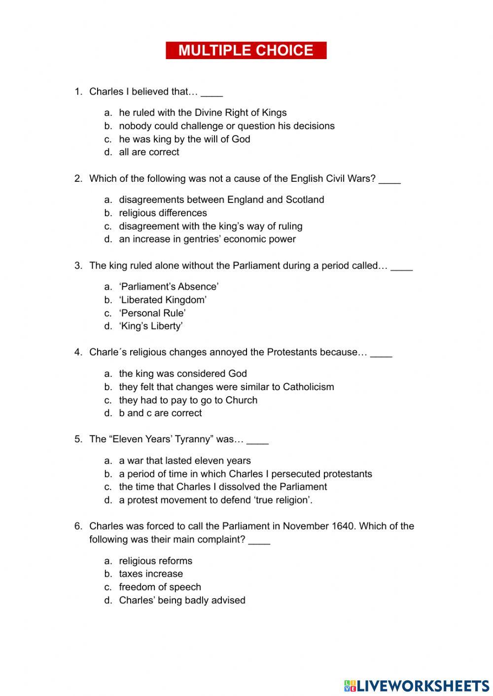 English Civil Wars Worksheet
