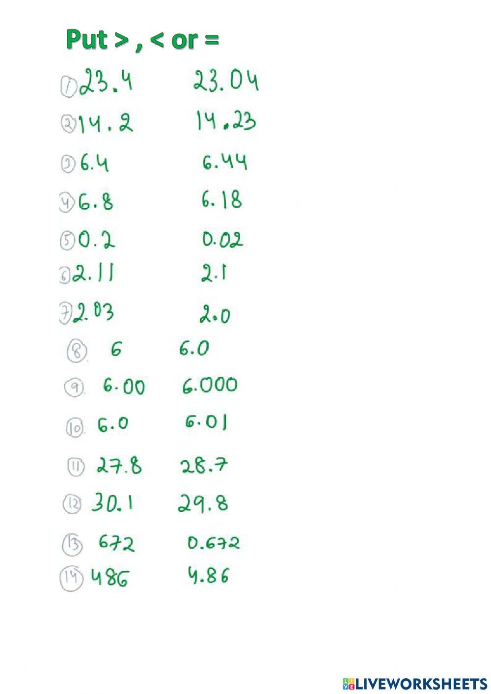Decimals Comparisons (greater than - less than - equal to)