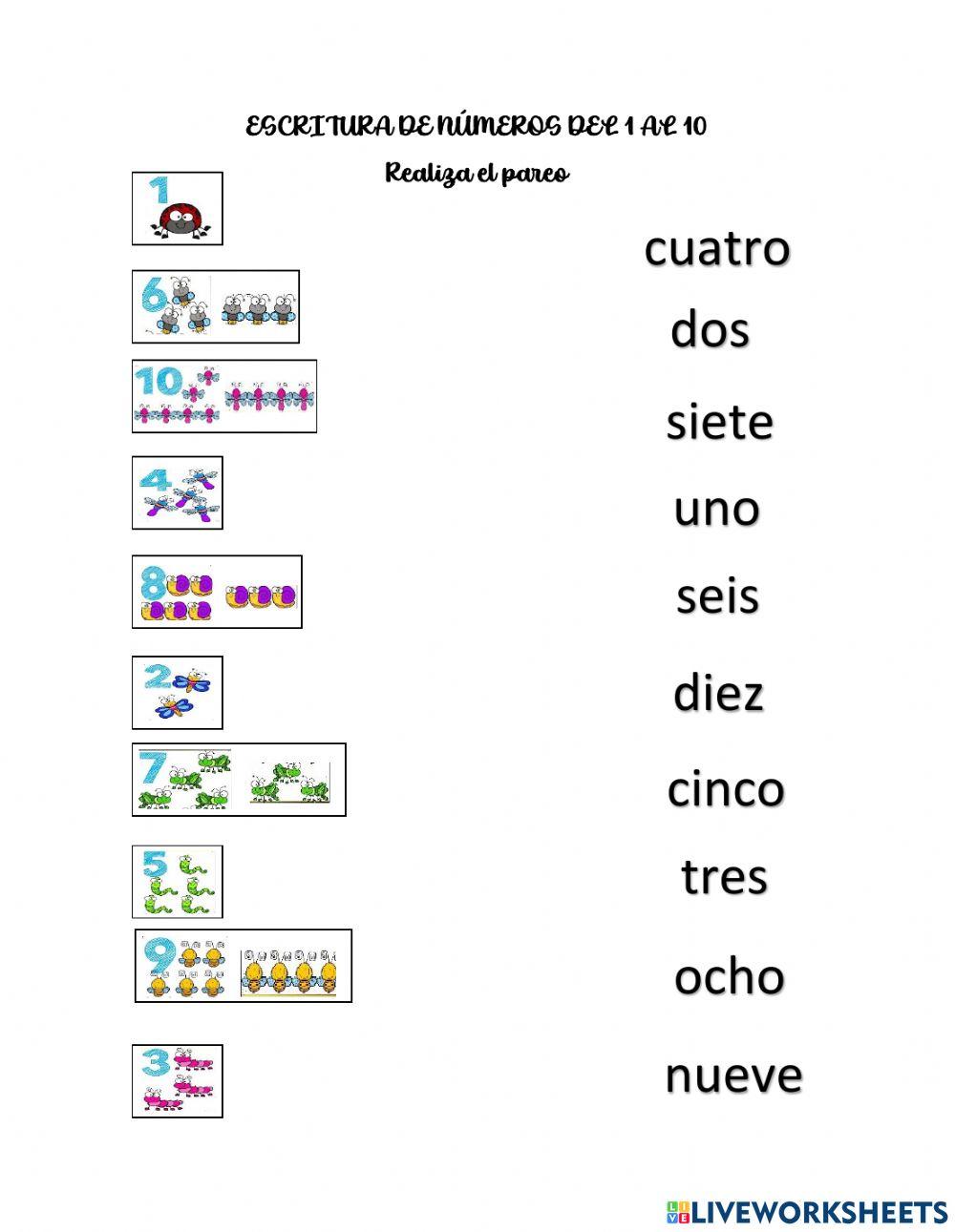 Pareo de Escritura de números del 1 al 20 Pareo de Escritura de números del 1 al 20