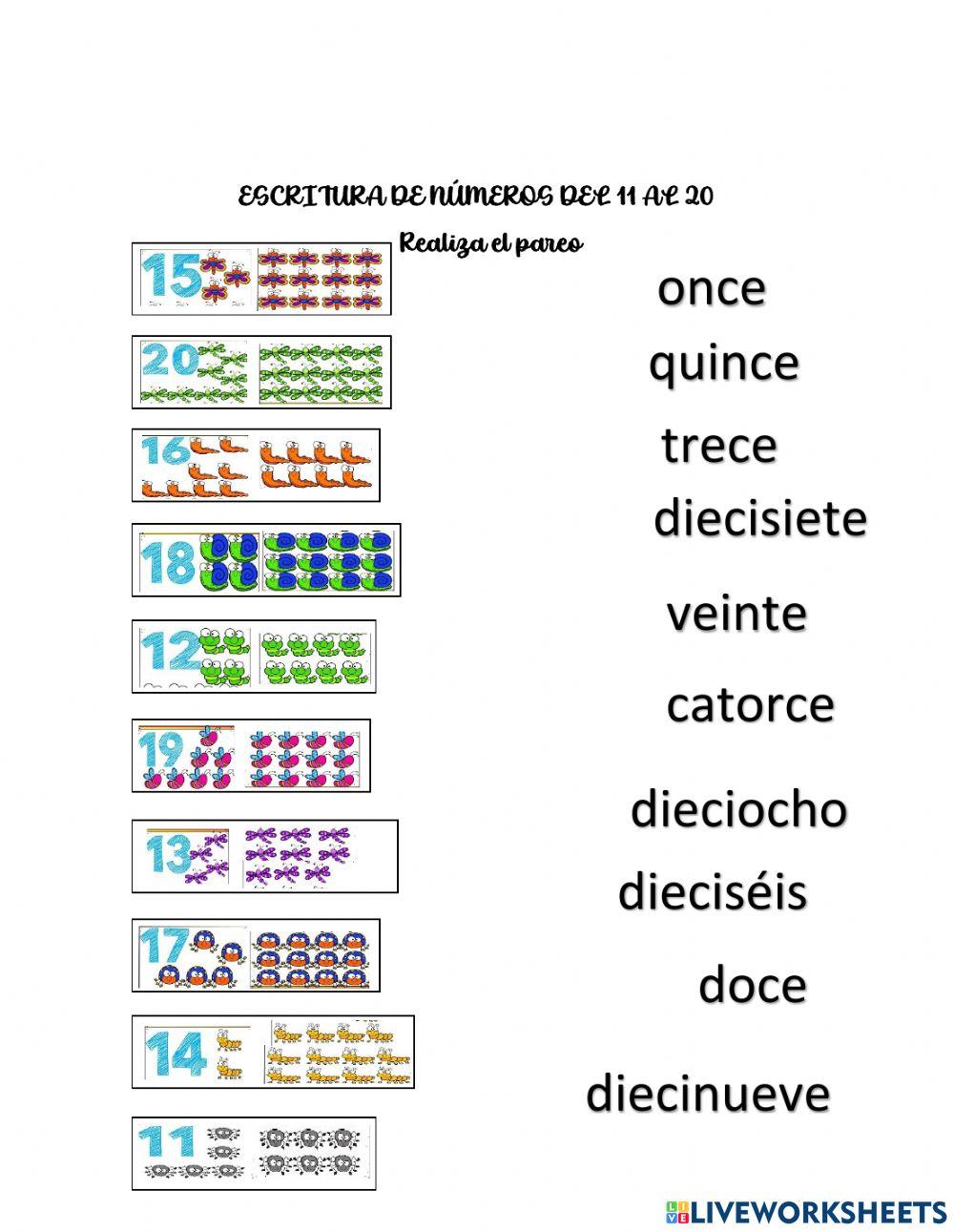 Pareo de Escritura de números del 1 al 20 Pareo de Escritura de números del 1 al 20