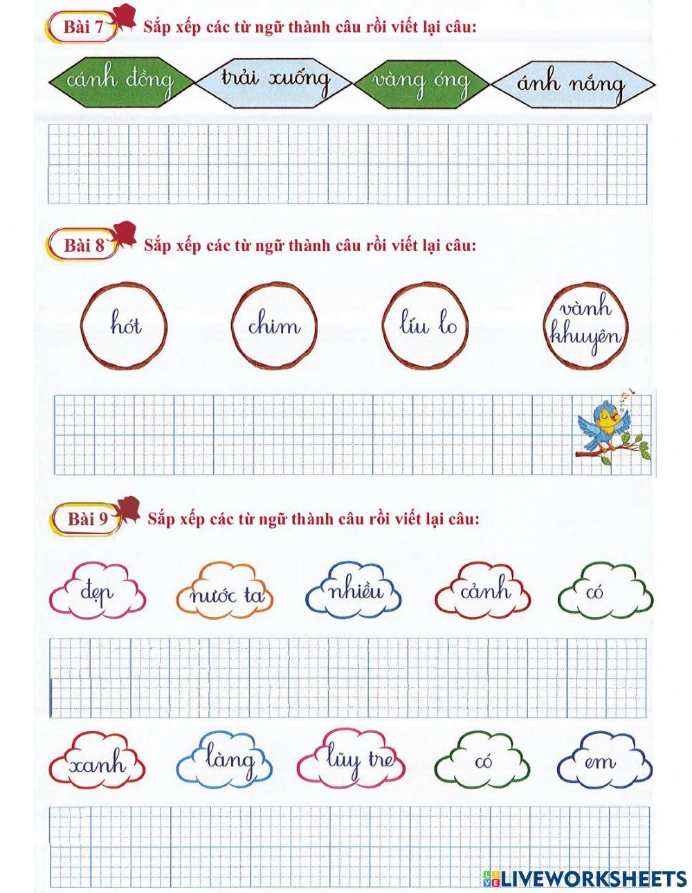 Tiếng Việt 1 lên 2 - Dạng 7: Sắp xếp từ thành câu