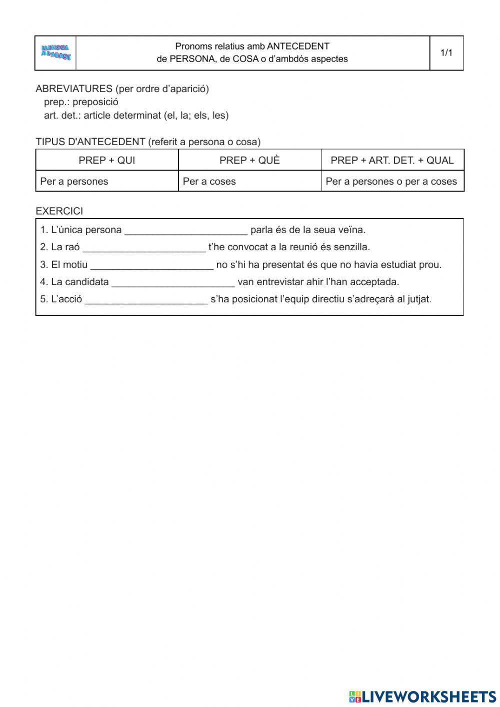 Pronoms relatius amb antecedent de persona (PREP + QUI), de cosa (PREP + QUÈ) o d'ambdós aspectes possibles (PREP + ART. DET. + QUAL-QUALS)