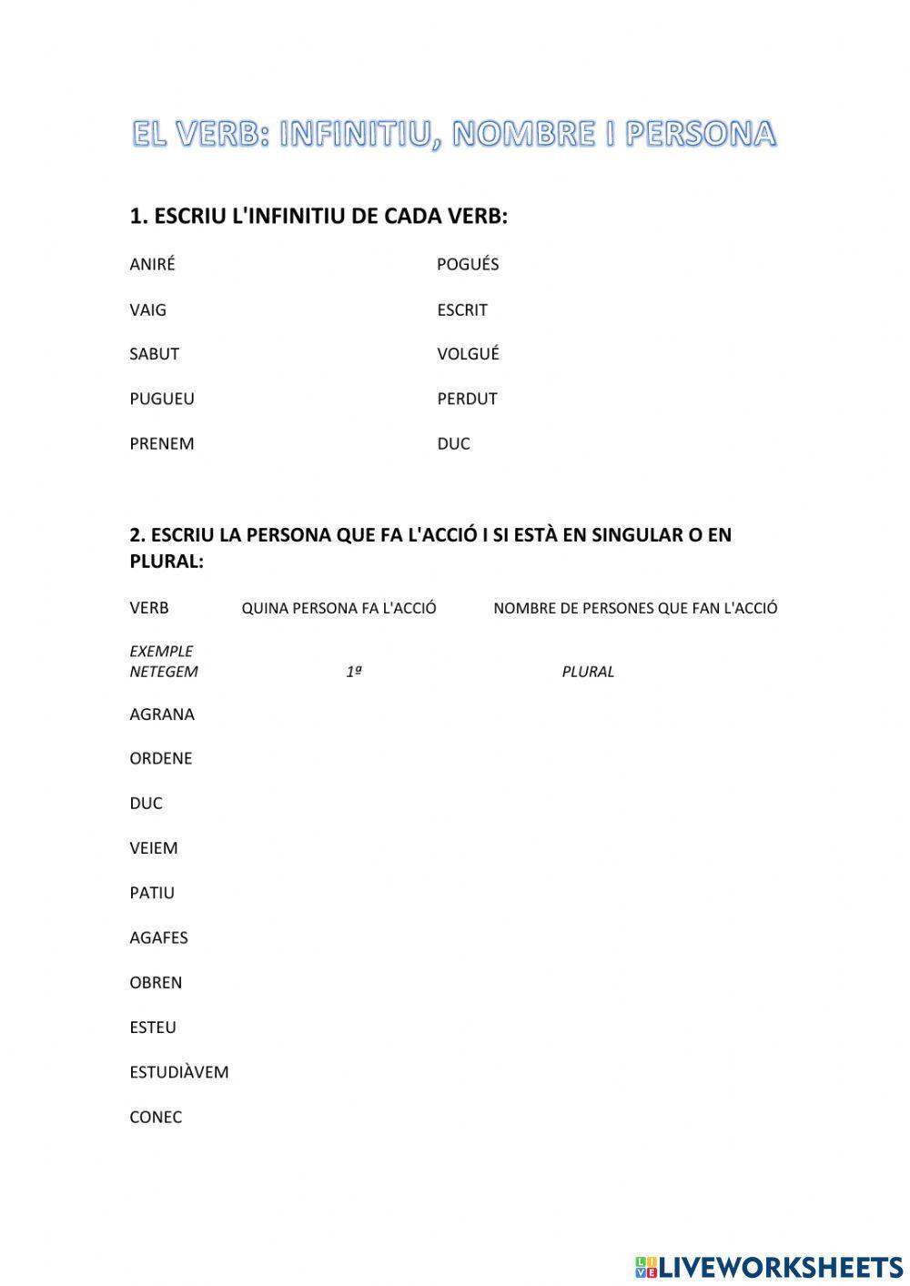 Verb infinitiu, nombre i persona