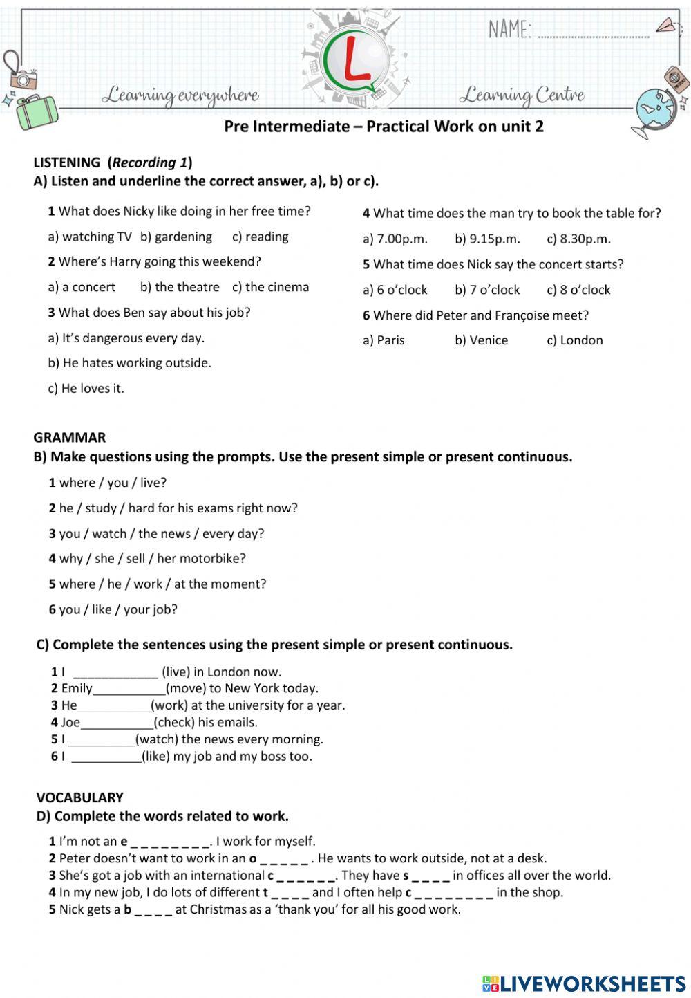 Pre Internmediate - Practical Work on Unit 3