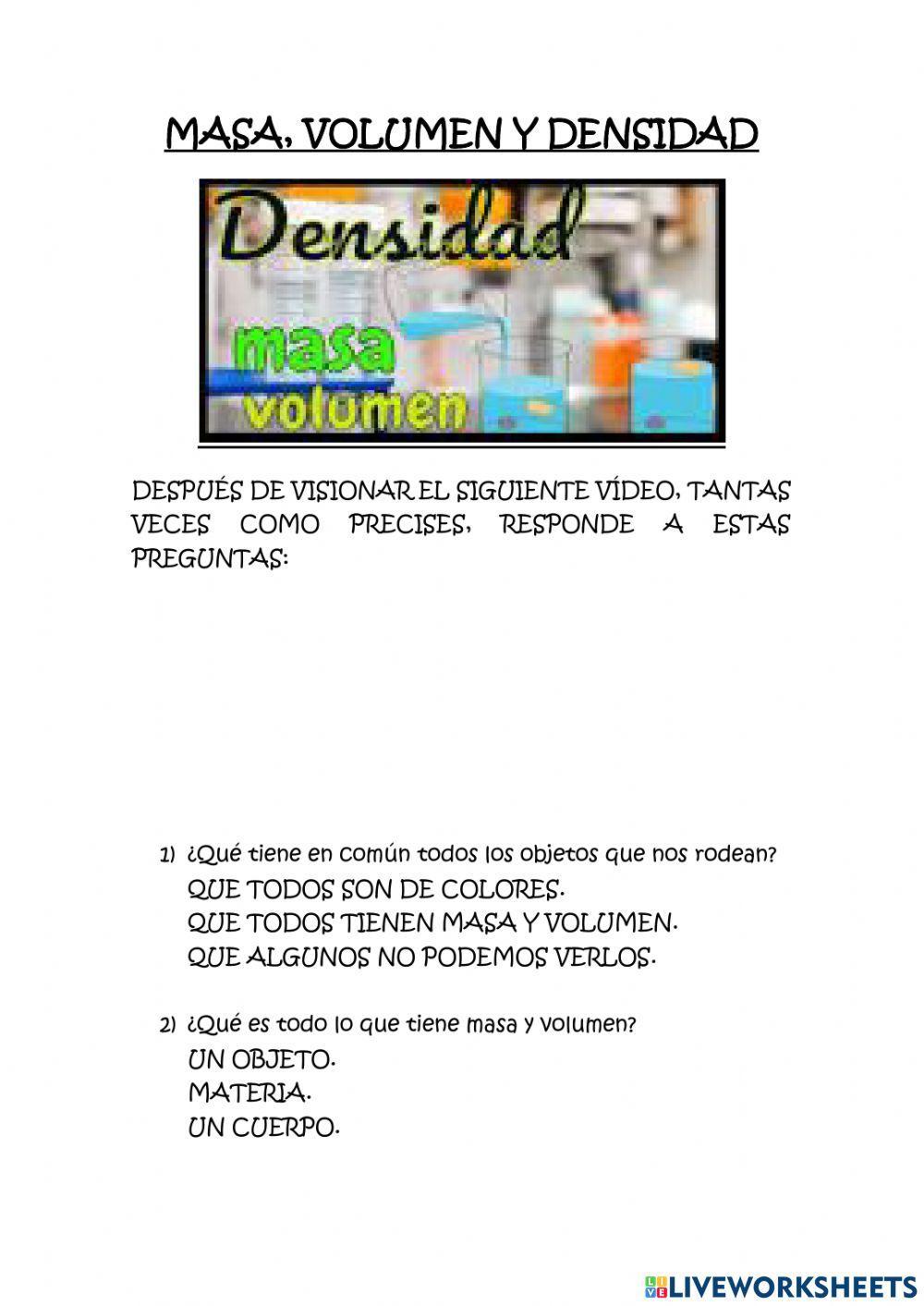 Masa, volumen y densidad