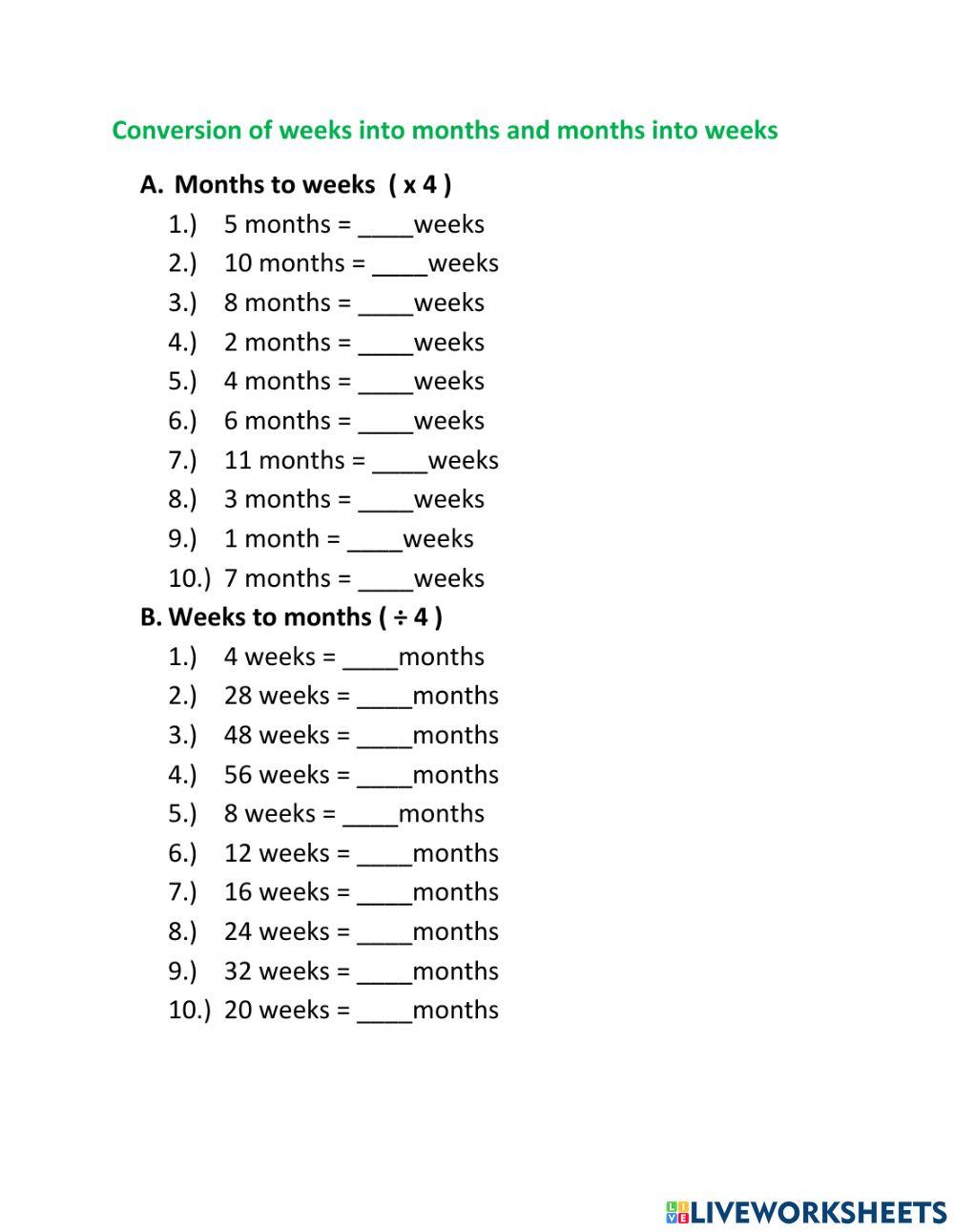 Conversion of Weeks to months and months to weeks