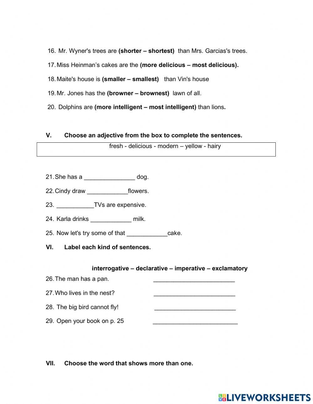 Grammar - First Grade - Fifth Period Test