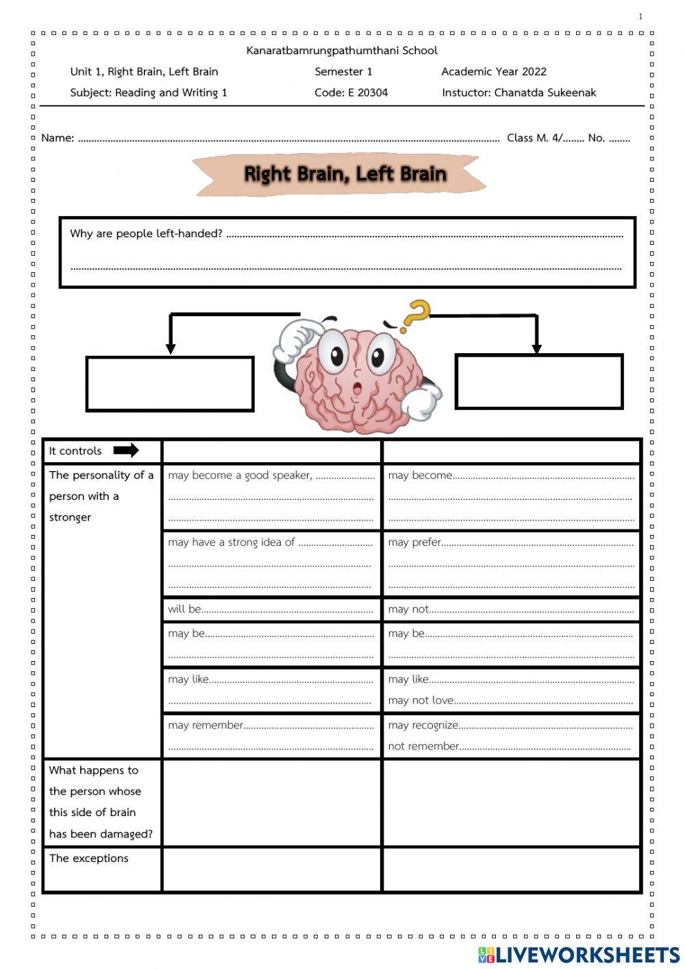 Unit 1, Right Brain, Left Brain Worksheet