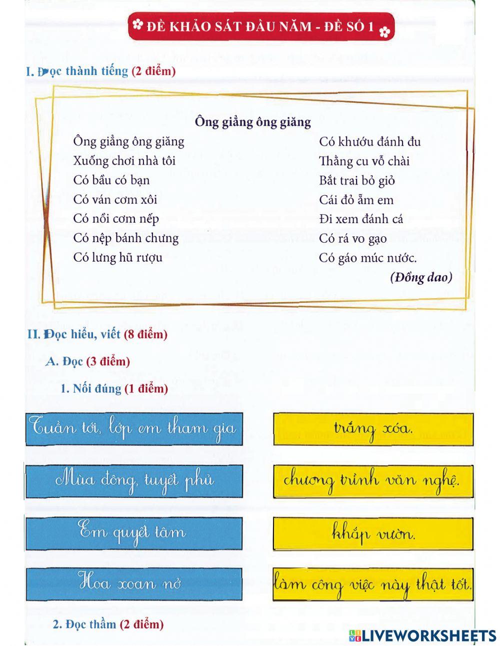 Tiếng Việt 1 lên 2: Đề khảo sát đầu năm số 1