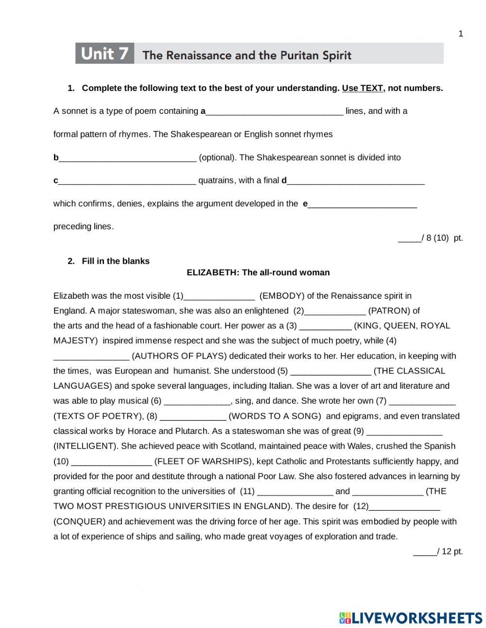 THE RENAISSANCE AND THE PURITAN SPIRIT Test (1)