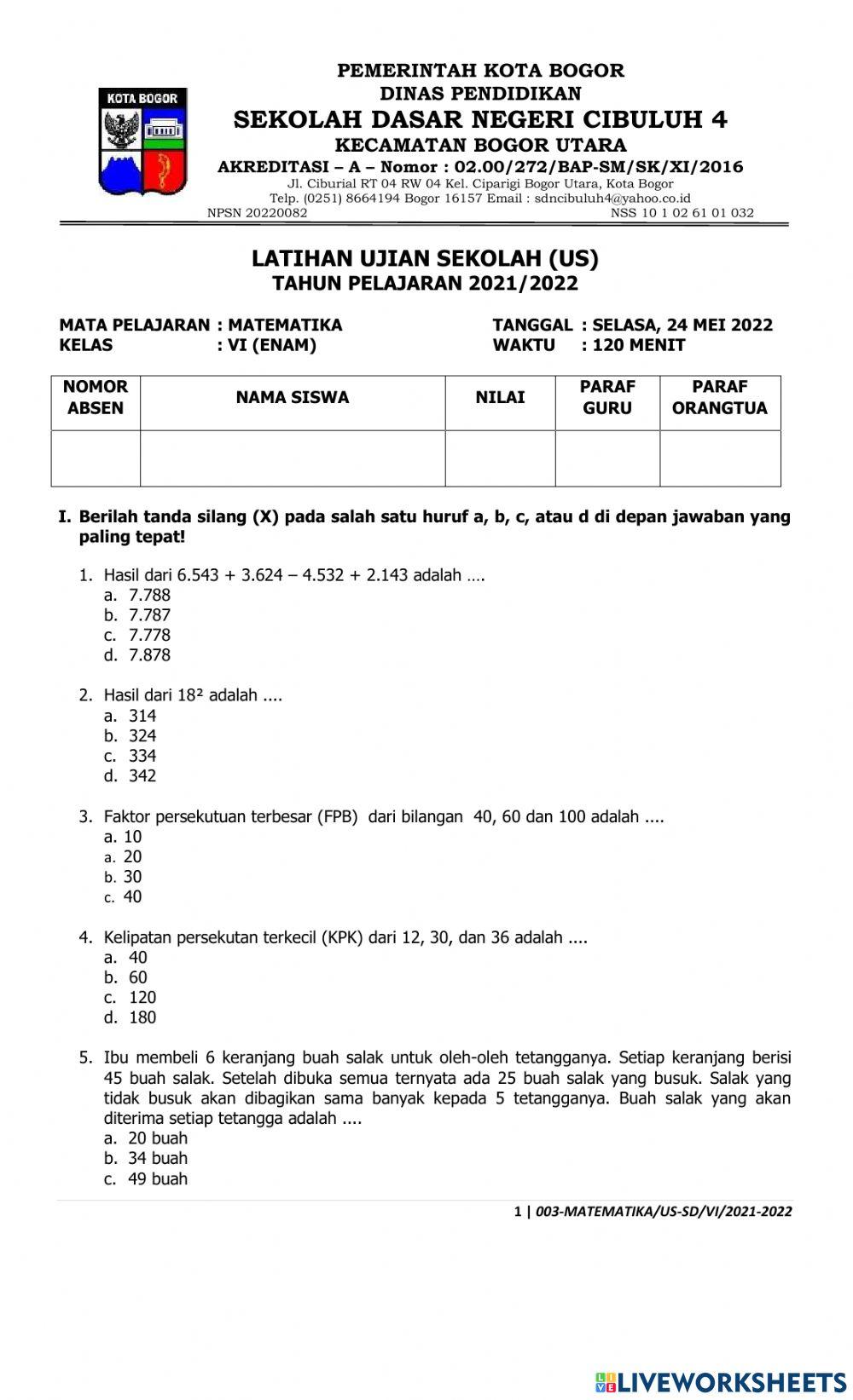Latihan ujian sekolah matematika Latihan ujian sekolah matematika