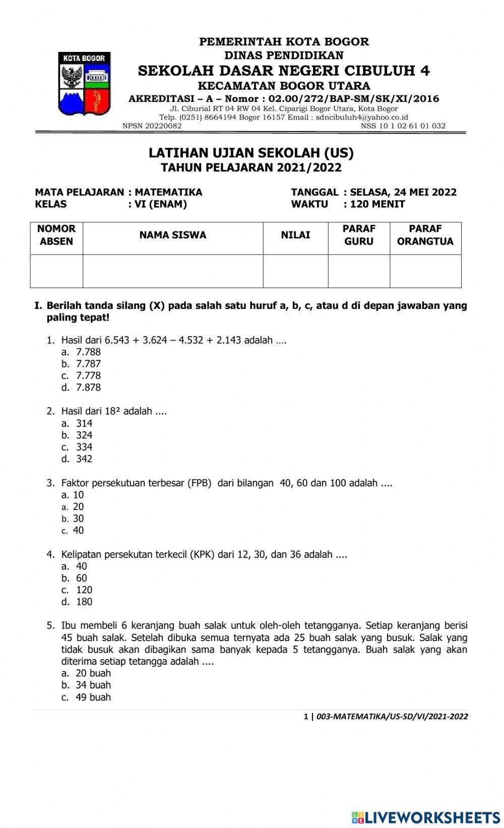 Latihan ujian sekolah matematika