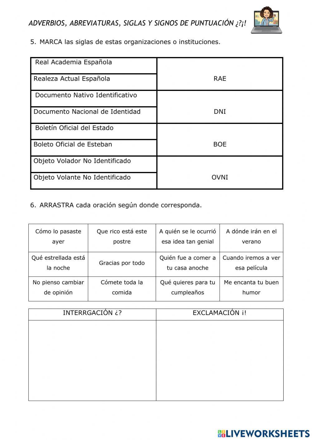 Adverbios, abreviaturas, siglas, signos de ¿?¡!