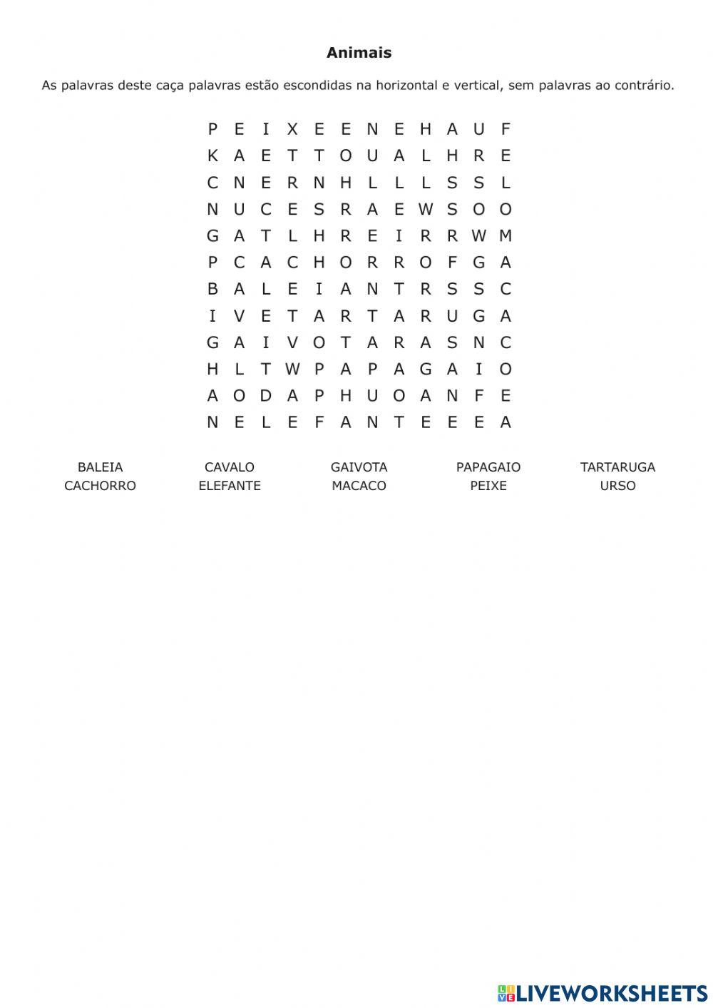 Caça palavras dos animais
