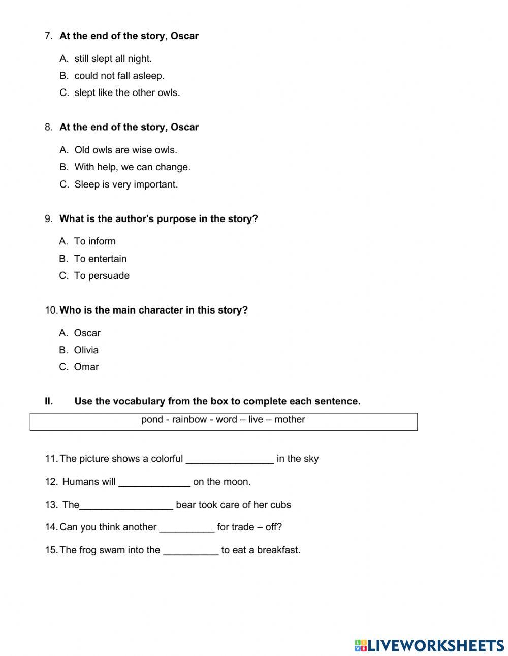Reading & Voc - Second Grade - Fifth Period Test