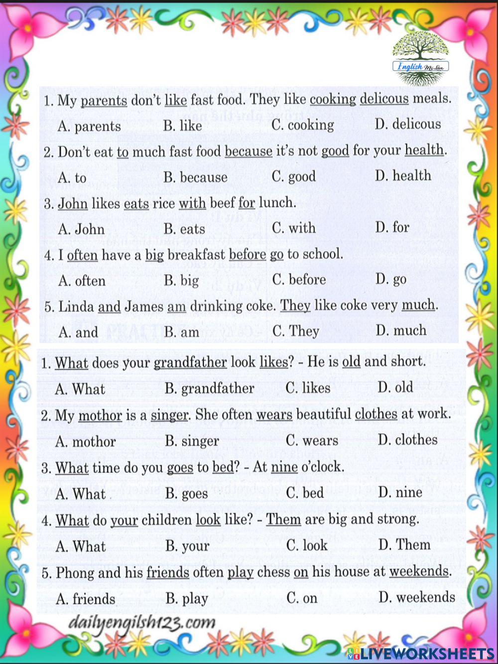 Find the mistake in each sentence  and wirte A,B,C,or D in the blank: (EL4)