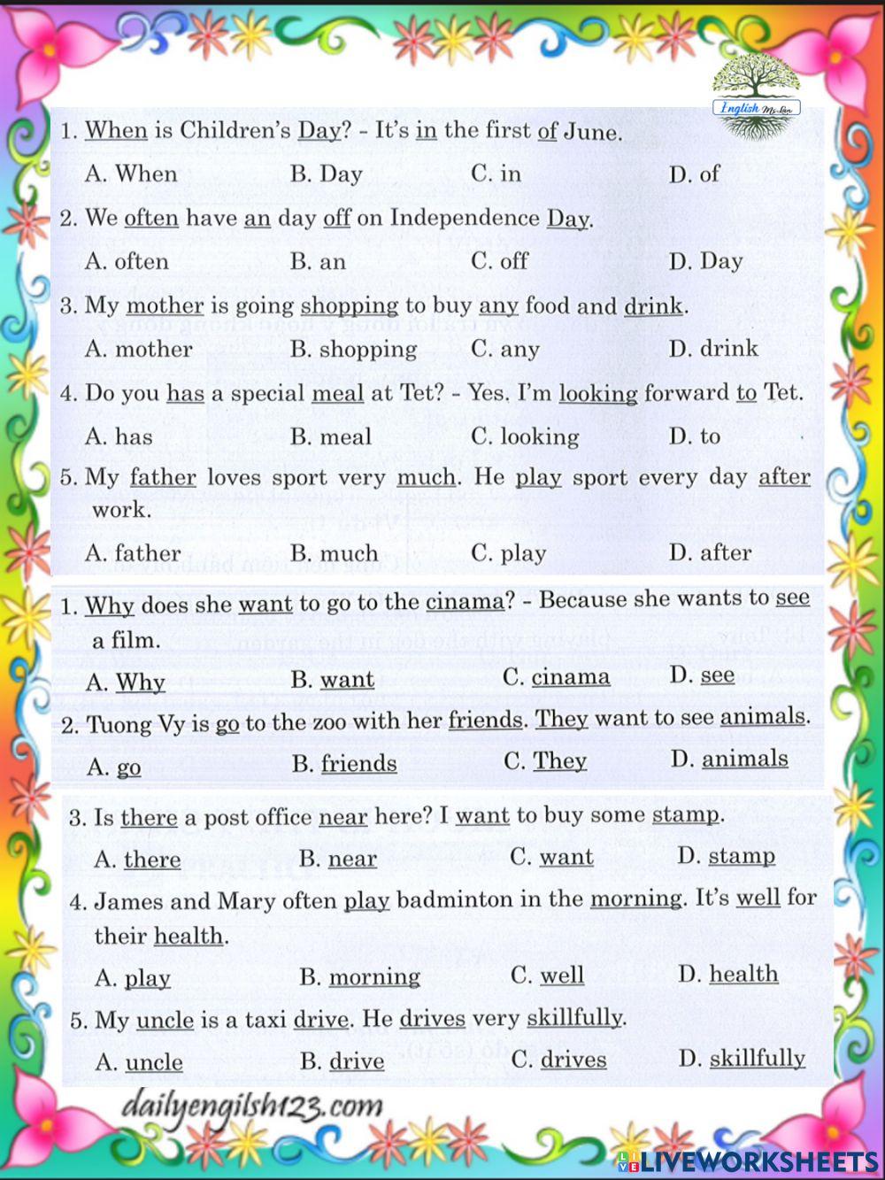 Find the mistake in each sentence  and wirte A,B,C,or D in the blank: (EL4)