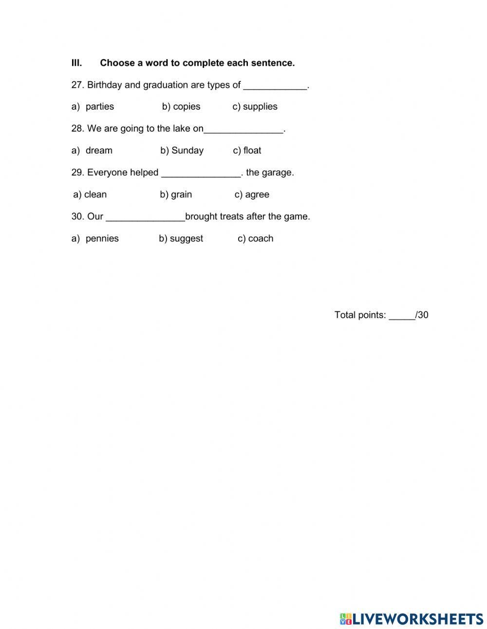 Spelling - Third Grade - Fifth Period Test