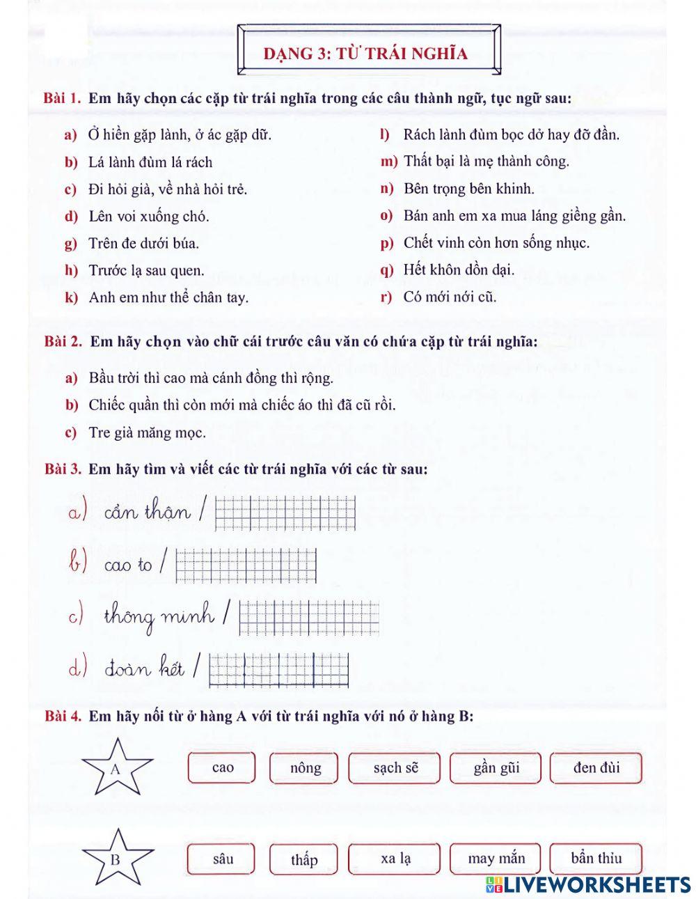 Tiếng Việt 2 lên 3 - Dạng 3: Từ trái nghĩa